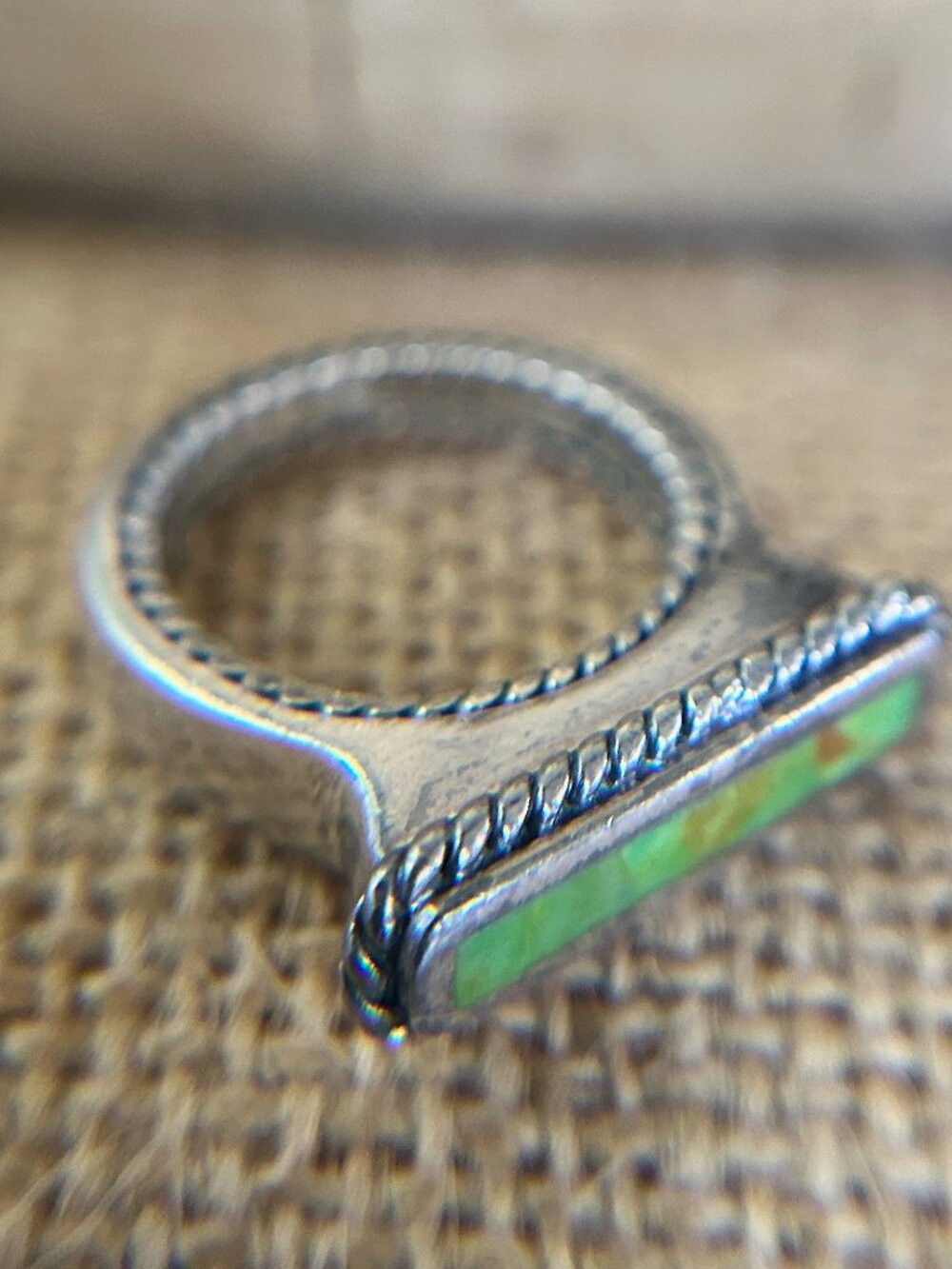 VINTAGE SOUTHWESTERN STERLING SILVER Green TURQUOISE RECTANGLE BAR RING Sz 6 1/4